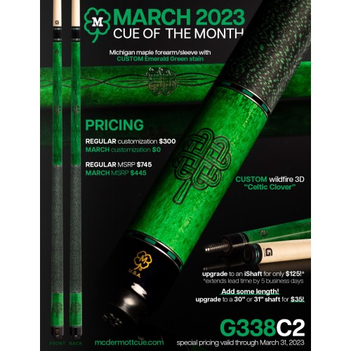 MARCH 2023 Cue Of The Month Wildfire 3D "Celtic Clover" artwork G338C2