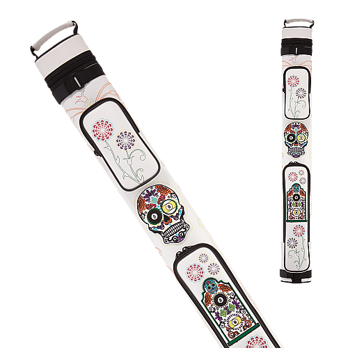 Action Calavera Sugar Skull 2x2 Hard Pool Cue Case - White Floral Day of the Dead Oval Tube Case