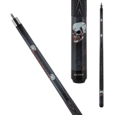 Eight Ball Mafia EBM24 Pool Cue Grey with black graphics and black and red Eight Ball Mafia scroll with skulls