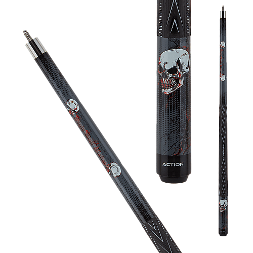 Eight Ball Mafia EBM24 Pool Cue Grey with black graphics and black and red Eight Ball Mafia scroll with skulls