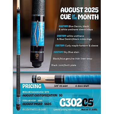 McDermott G302C5 August 2025 Cue of the Month - Sky Blue & Curly Maple