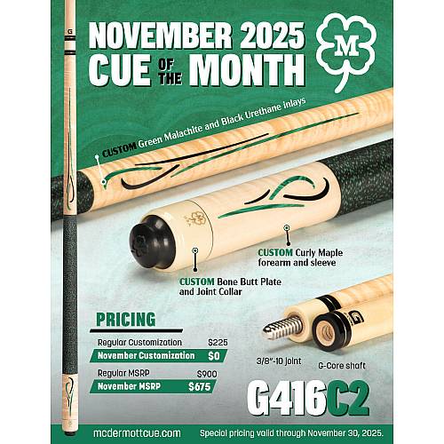 McDermott G416C2 November 2025 Cue of the Month - Green Malachite & Curly Maple
