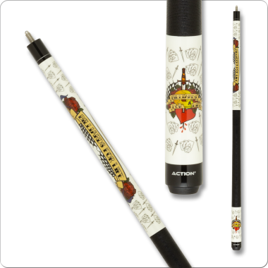 Action Impact IMP73 Cue - White with "Billiards For Life" in a ribbon and roses with cards and knives