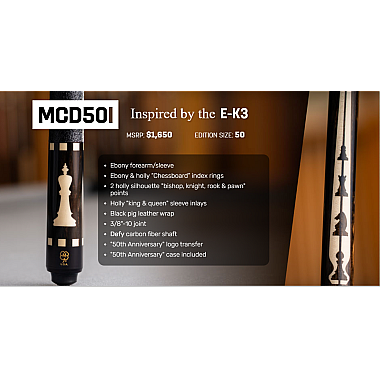McDermott MCD50I 50th Anniversary Chess Cue - Ebony & Holly Masterpiece with Defy Shaft
