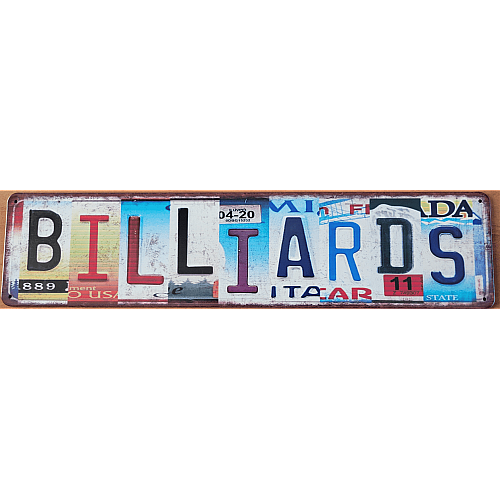 Vintage-Style “Billiards” Tin Sign – License Plate Look